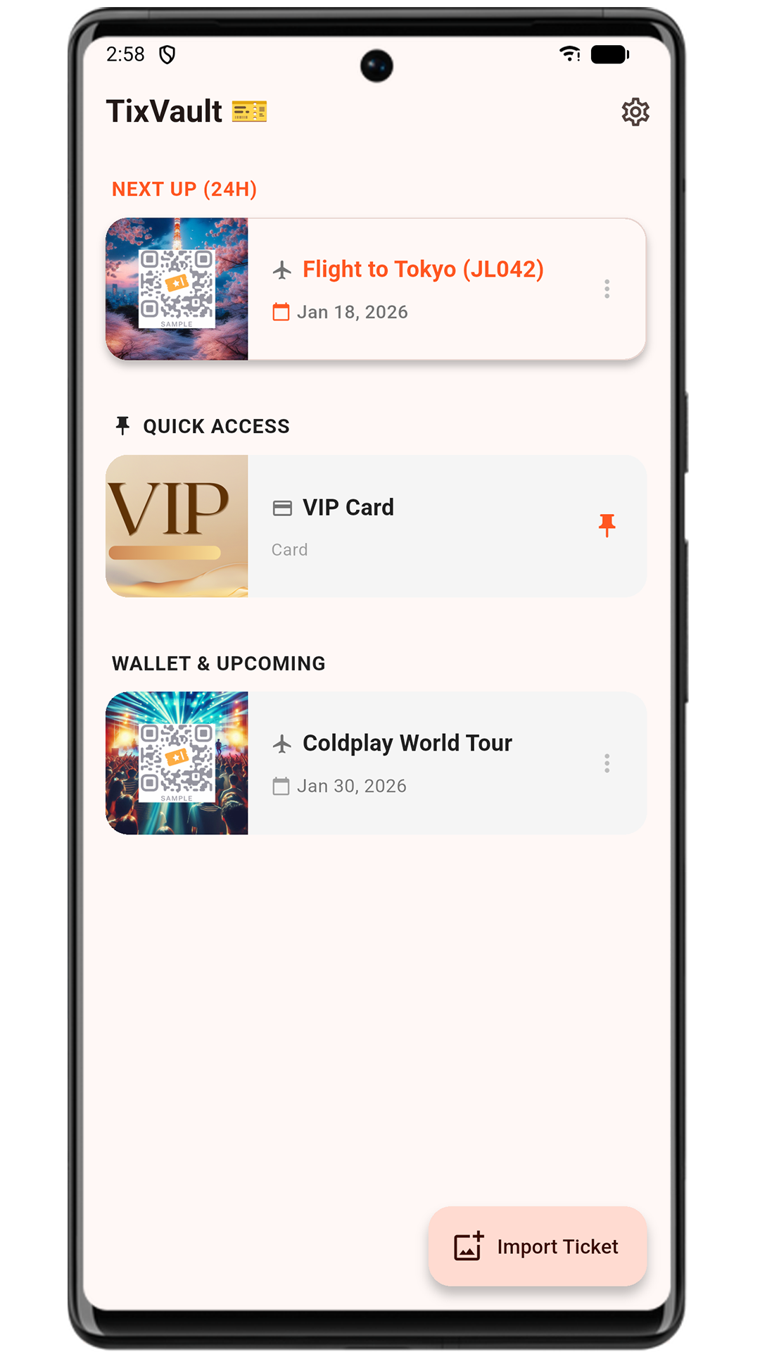 TixVault App Interface showing a flight ticket to Tokyo